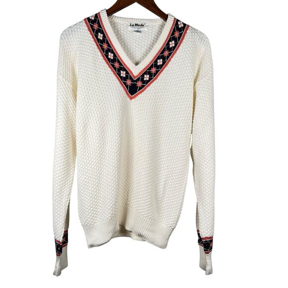 Vintage La Mode Mens Tennis Sweater Cream Waffle Knit V-Neck Small Preppy Argyle - Picture 1 of 11